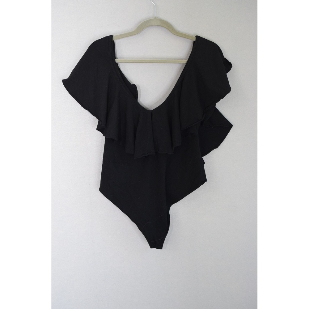 Free People Intimately Bodysuit Large Black Ruffle V-Neck Thong Women Matilda